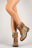 Bamboo Leatherette Two Tone Double Buckle Lace Up Combat Boot