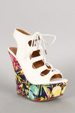 Dollhouse Floral Print Cutout Lace Up Platform Wedge