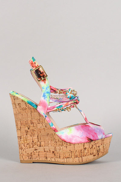 Bamboo Watercolor Knotted Embellished Cork Platform Wedge