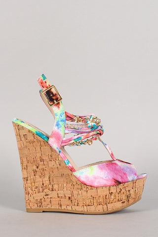 Bamboo Watercolor Knotted Embellished Cork Platform Wedge