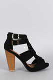 Qupid Suede Double Buckle Fringe Cut Out Chunky Heel