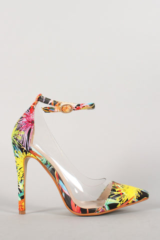 Liliana Floral Lucite Ankle Strap Pointy Toe Pump