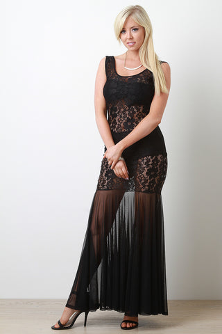 Lace and Mesh Mermaid Maxi Dress