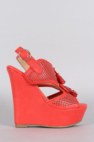 Tassel Perforated Slingback Platform Wedge