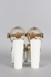 Speed Limit 98 Metallic Cross Strap Faux Wood Open Toe Platform