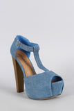 Breckelle Denim T-Strap Peep Toe Platform Heel