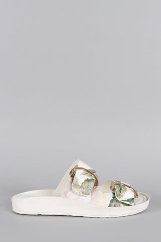 Shoe Republic LA Floral Buckle Slip On Flat Sandal