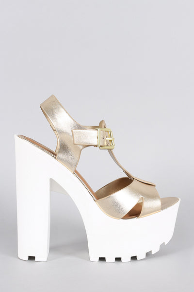 Soda Metallic T-Strap Lug Sole Platform Heel