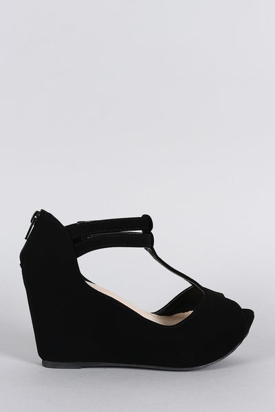 Bamboo Nubuck T-Strap Platform Wedge