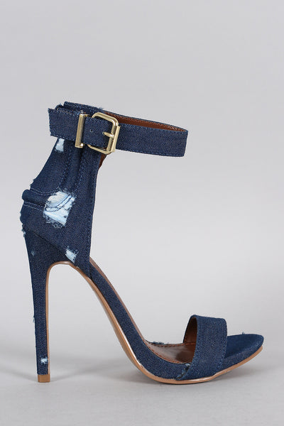 Shoe Republic LA Distress Denim Ankle Strap Heel