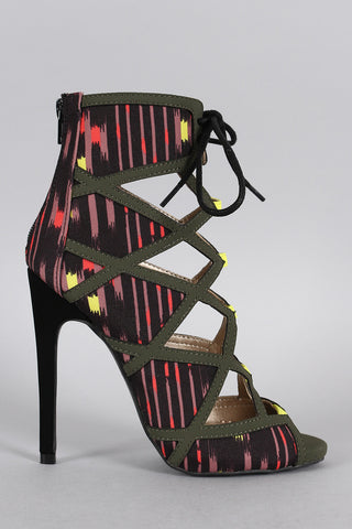 Qupid Abstract Caged Peep Toe Bootie