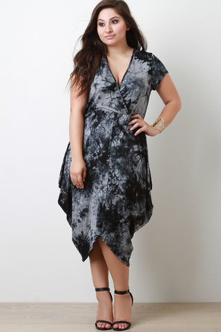 Marble Tie Dye Surplice Short Sleeves Asymmetrical Midi Dress