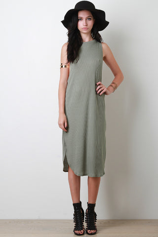 Scooped Armhole Midi Shift Dress