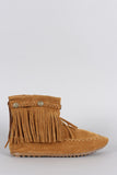 Suede Button Braided Fringe Round Toe Booties