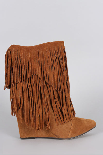 Liliana Bohemian Fringe Mid Calf Wedge Boot