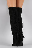 Privileged Suede Fringe Peep Toe Stiletto Thigh High Boot