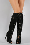 Qupid Faux Suede Lace Up Peep Toe Stiletto Thigh High Boot