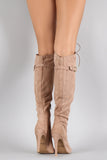 Qupid Faux Suede Lace Up Peep Toe Stiletto Thigh High Boot