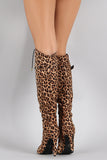 Qupid Faux Leopard Lace Up Peep Toe Stiletto Thigh High Boot