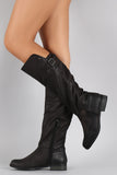 Qupid Burnished Buckle Round Toe Riding Knee High Boot