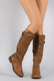 Qupid Burnished Buckle Round Toe Riding Knee High Boot