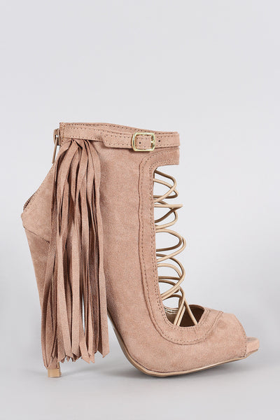 Qupid Suede Fringe Strappy Elastic Cutout Peep Toe Booties