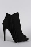 Qupid Suede Side Fringe Peep Toe Stiletto Booties