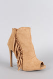 Qupid Suede Side Fringe Peep Toe Stiletto Booties