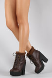 Qupid Sweater Cuff Lace Up Lug Sole Contrast Platform Heeled Combat Ankle Boots