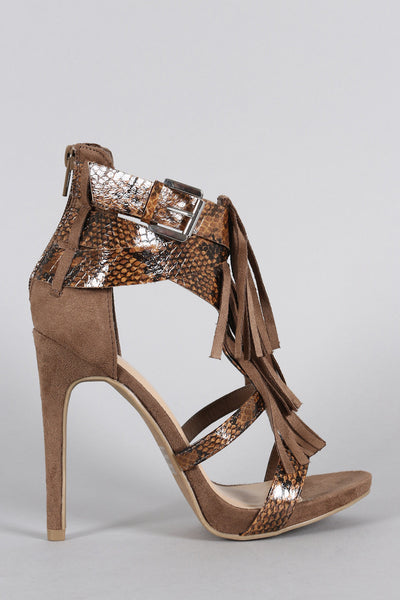 Wild Diva Lounge Contrasting Fringe on Snake Open Toe Heel