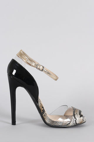 Qupid Snake Lucite Peep Toe Ankle Strap Heel