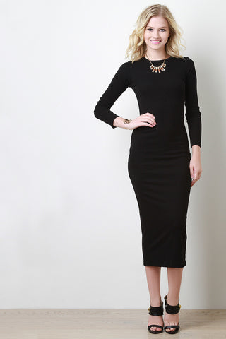 Ribbed Knit Long Sleeve Midi Dress