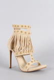 Shoe Republic LA Fierce Fringe Studded Open Toe Heel