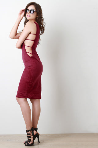 Plunging Caged Sides Suede Midi Dress