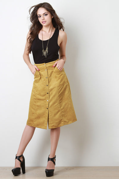 Vegan Suede Button Midi Skirt