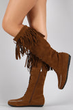 Suede Fringe Moccasin Lace Up Knee High Flat Boot