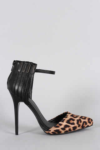 Qupid Leopard Pleated Metal Hardware Pointy Toe Stiletto Pump