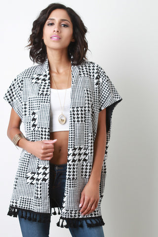 Mixed Houndstooth Tassel Cardigan