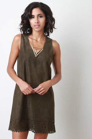 Suede Perforated Trim Shift Dress