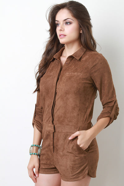 Button Up Faux Suede Romper