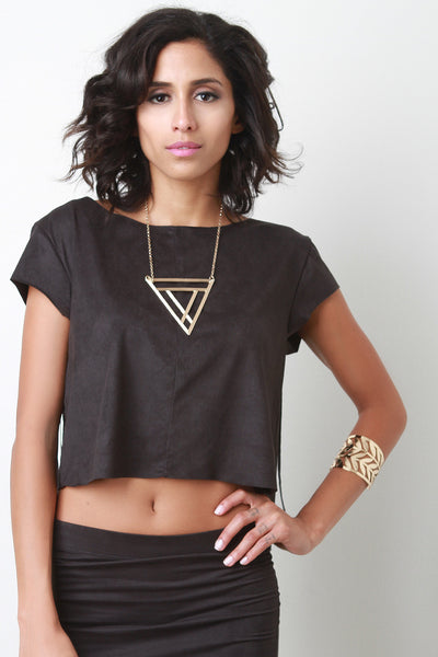 Suede Fringe Short Sleeve Crop Top