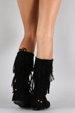 Suede Triple Layered Fringe Round Toe Mid Calf Boot