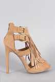 Qupid Double Buckle Falling Fringe Peep Toe Heel