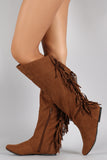 Qupid Suede Back Fringe Asymmetrical Round Toe Knee High Boot