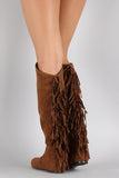 Qupid Suede Back Fringe Asymmetrical Round Toe Knee High Boot