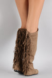 Qupid Suede Back Fringe Asymmetrical Round Toe Knee High Boot