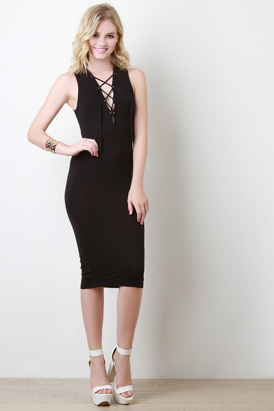 Lace Up Sleeveless Bodycon Midi Dress