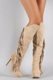 Qupid Suede Asymmetrical Fringe Pointy Toe Heeled Knee High Boot