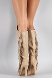 Qupid Suede Asymmetrical Fringe Pointy Toe Heeled Knee High Boot