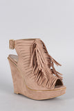 Qupid Suede Slit Fringe Peep Toe Slingback Mule Wedge